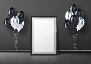 Black photo frame standing on floor in empty room with balloons. Vector realistic mockup of interior decoration with blank poster, white and black balloons for events in home, gallery or office