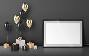 Blank frame, balloons and wrapped gift boxes of gold and black colors on grey wall background. Birthday congratulation, empty border and presents on wooden floor in room, Realistic 3d vector mockup