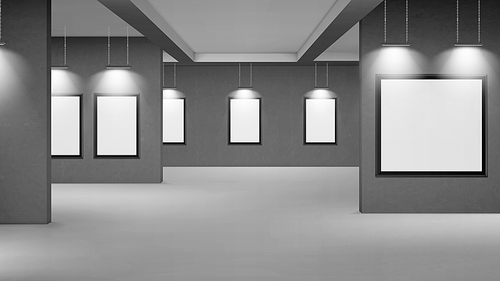 Empty gallery with blank picture frames illuminated by spotlights. Vector realistic interior of museum or studio room with white posters in black frames and lamps. Template for artwork exhibition