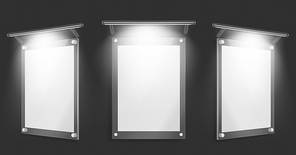 Acrylic poster, blank glass frame with illumination hang on wall isolated on black background. Empty photo frame template, name plate, plexiglass banner, holder mockup Realistic 3d vector illustration