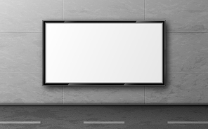 Street billboard for ad, display mockup hang on grey tiled wall along road. Blank white LCD screen, digital monitor for city advertising presentation. Horizontal background realistic 3d vector mock up