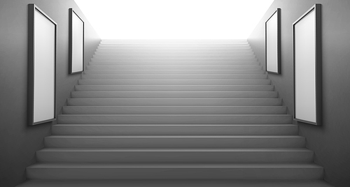 3d stairs going to light and empty white LCD screens for advertising on walls. Exit from underground or subway, staircase construction, ladder building architecture, Realistic vector illustration