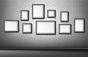 Blank frames on grey brick wall background. Empty borders for photo or picture hanging in room, museum or office. Home decor, mockup for exhibition, art framing, Realistic 3d vector illustration