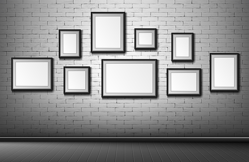 Blank frames on grey brick wall background. Empty borders for photo or picture hanging in room, museum or office. Home decor, mockup for exhibition, art framing, Realistic 3d vector illustration