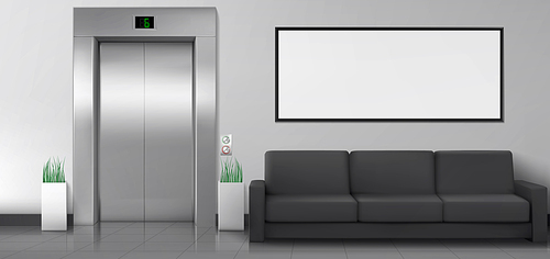 Office or hotel lobby with elevator, sofa and white poster on wall. Empty hallway interior with closed metal lift doors, black couch and blank white billboard. Vector realistic illustration