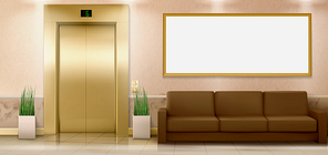 Lobby interior with gold lift doors, couch and empty banner, hall with closed elevator, couch and potted plants on tiled floor. Office or hotel luxury indoor area, Realistic 3d vector Illustration