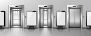 Blank billboards and elevator doors in office hallway. Vector realistic empty lobby interior with open and closed lift doors and LCD screen floor stands. Horizontal seamless background