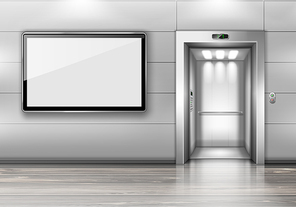 Realistic elevator with open door and TV screen on wall in office or modern hotel hallway, empty lobby interior with lift, wooden floor and blank display, indoor transportation 3d vector illustration