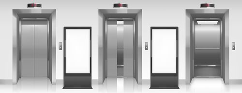 Blank billboards and elevator doors in office hallway. Vector realistic empty modern interior with open and closed lift doors and LCD screen floor stands