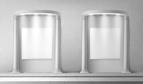 Arches with columns and illuminated blank signboards in wall, rectangular interior gates with white pillars and empty banners in art gallery or museum, archway frames, Realistic 3d vector mock up