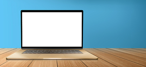 Laptop computer with keyboard and white screen on wooden table front view. Vector realistic mockup of modern notebook, portable desktop pc with blank monitor display on blue background