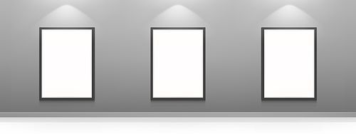 blank movie posters illuminated by spotlights. vector realistic interior of cinema, theater or gallery with white picture s on gray wall. empty advertising banners with black border and lamps