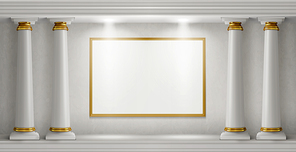Antique columns, stone pillars and illuminated blank signboards in marble wall realistic vector, museum interior with white empty banners in art gallery, architecture background mock up