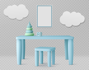 Child room with kids table, chair, white poster and clouds on wall. Vector realistic set of furniture for playroom or kindergarten, blue desk with pyramid toy isolated on transparent 