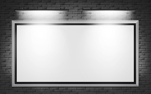blank billboard display on grey brick wall background with illumination in office hallway, exhibition or apartment. white lcd tv screen for advertising, empty picture  realistic 3d vector mock up
