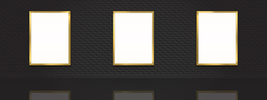 movie posters mockup. blank pictures with gold s on dark brick wall in cinema, theater, museum or gallery interior. empty advertising banners with border and backlight realistic 3d vector mock up