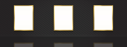 movie posters mockup. blank pictures with gold s on dark brick wall in cinema, theater, museum or gallery interior. empty advertising banners with border and backlight realistic 3d vector mock up