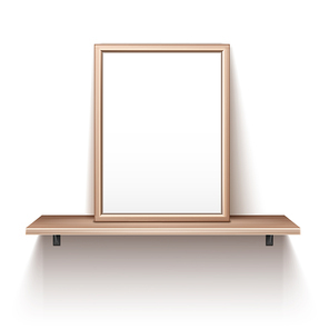 empty wooden photo  standing on shelf. vector realistic mockup of interior decoration with blank picture with wood border. bookshelf with image frame for home, gallery or office