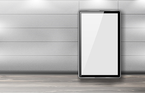 Blank billboard display along wall in office hallway. Empty lobby interior with white LCD screen floor stand for advertising. Vertical ads banner in interior, realistic 3d vector mock up