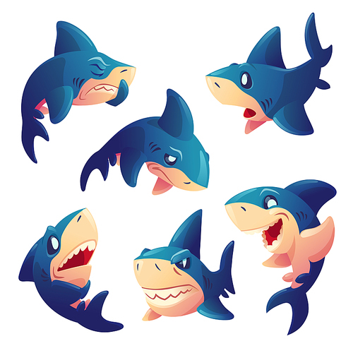 Cute shark character with different emotions isolated on white . Vector set of cartoon mascot, fish with teeth smiling, angry, hungry, sad and surprised. Creative emoji set, animal chatbot