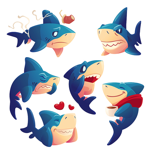 Cute shark cartoon character, funny fish mascot, underwater animal express emotions fall in love, smiling, suffer of plastic trash, drink tea, sneezing and yell. Toothy predator isolated vector set
