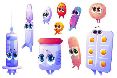 Cute characters of medicines, pharmacy drugs, syringe and adhesive plasters. Vector cartoon set of funny medical equipment, bottle and blister with tablets, ampoule and capsule isolated on white