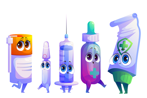 Cartoon remedy, drugs and medicament characters. Cute medicine mascots with kawaii smiling faces. Happy spray, syringe, ampoule and bottle with drops, ointment cream tube, Vector illustration, set