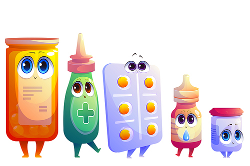Cartoon pills, drugs and medicine kawaii characters. Pharmaceutical medicament mascots with cute faces. Vitamins jar, tablets blister, drops and ointment or cream bottle, Vector illustration, set
