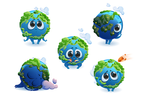 Cute planet Earth character with different emotions isolated on white . Vector set of cartoon funny Earth smile, sleep, play with plane and ship, scared by meteorite. Creative emoji set