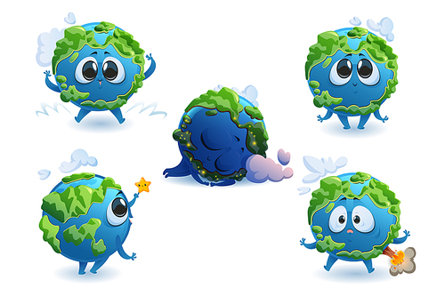 Earth cartoon character, cute funny planet with kawaii face and cloud at day or night, mascot rejoice, touching little star, sleep and shocked with volcano eruption and earthquake, Carton vector set