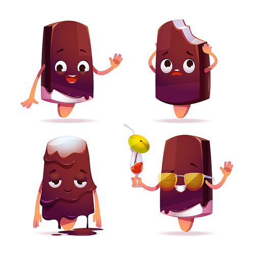 popsicle ice cream character, funny eskimo pie with kawaii face expressing emotions, say hello, melting on heat, touching head with bitten off piece, wear sunglasses and  cocktail cartoon vector set