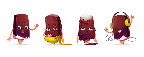 Cute ice cream character in different poses. Vector set of cartoon chat bot, funny chocolate popsicle waves hand, feels ill, melts and listen music in headphones