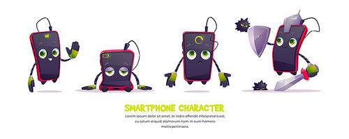 Cute smartphone character in different poses. Vector set of cartoon chat bot, funny mobile phone greeting, sad with low charge, loading application and holding shield from virus content