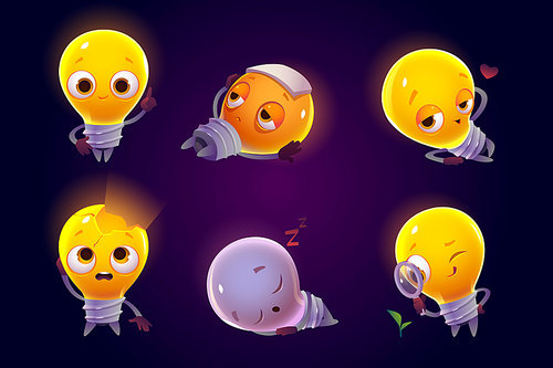 Funny light bulbs characters set. Sad and happy glowing, smiling, sleeping and fall in love, diseased and searching plant emotion, lamps isolated on dark background. Cartoon vector illustration, icon