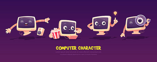 Cartoon computer character set. Cute pc desktop in different poses. funny mascot dancing with music dynamic, watch movie with popcorn, idea insight, seo technology, online research Vector illustration