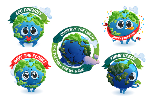 Emblems with cute Earth cartoon character, save planet concept with mascot and ecological banners. Think green, eco friendly, happy Earth day celebration and conservation labels, Cartoon vector set