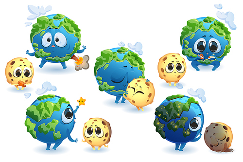 Cute planet Earth and Moon characters in different poses isolated on white . Vector set of cartoon funny planet and satellite smile, embrace, sleep and play. Earth with volcano and clouds