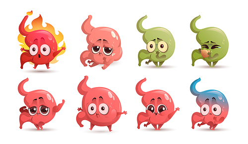 Cartoon stomach character, cute healthy and unhealthy mascot heartburn, stomachache, nausea and vomiting, swollen and happy abdomen organ demonstrate power. Health care and medicine Vector icons set