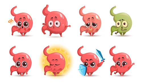 Cartoon stomach character, cute mascot with sword and shield, ulcer, stomachache, nausea and belching, Funny tummy swollen and hungry, relaxed meditating. Health care and medicine Vector icons set
