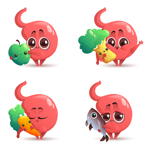 Cute stomach character with healthy food, fruit, vegetables and fish. Human gastric with good products. Vector set of cartoon digestive organ with apple, broccoli and carrot