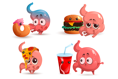 Sad stomach character with fast food. Human gastric bloating, indigestion and stomachache. Vector set of cartoon sick digestion organ with hamburger, pizza, donut and soda isolated on white