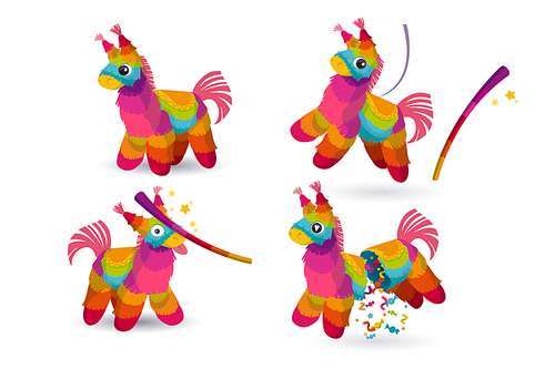 Pinata and stick for birthday party, mexican holiday and carnival. Funny toy from rainbow crepe paper with candies or surprise inside. Vector cartoon icons of funny pinata in shape of donkey