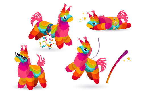 Mexican donkey pinata and bat, colorful toys with treats and confetti for child birthday, party celebration, carnival or fiesta, cute paper animals for candies, Cartoon vector illustration, icons set