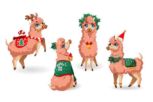 Cute llama character with New Year decoration isolated on white . Vector cartoon set of adorable alpaca with holly leaves, reindeer horns and red Santa hat. Vicuna with Christmas garland