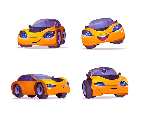 Cartoon car character express happy and sad emotions, cute automobile emoticons with smiling face, unhappy transport with broken windshield isolated on white , Vector illustration, icons set