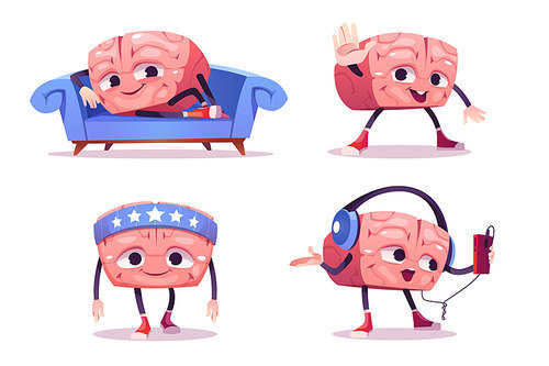Cute brain character in different poses. Vector set of cartoon chat bot, funny human brain relax on sofa, sport training and listen music in headphones. Creative emoji set, smart mascot