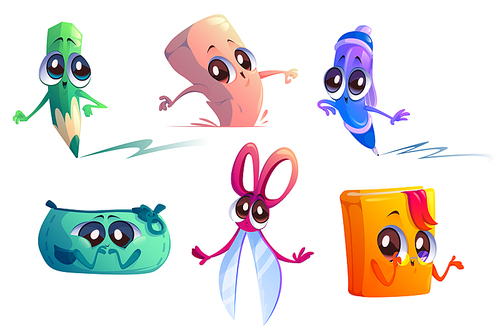 School supplies cartoon characters. Student education stationery mascots pencil, scissors, eraser, textbook or pen-box with smile kawaii face. Funny educational stuff with happy expression Vector set