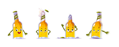 Cute beer bottle character in different poses. Vector set of cartoon funny chat bot, beer personage happy, angry, drunk, broken. Sad mascot lager pint with broken bottleneck