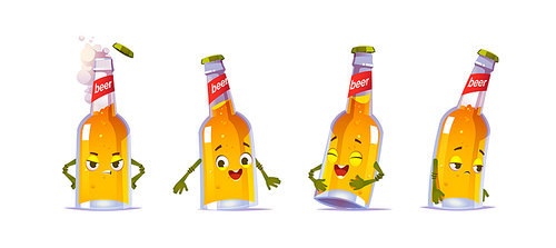 Beer bottle character, kawai funny glass flask with yellow liquid alcohol drink and cute face express happy and sad emotions. design elements isolated on white . Cartoon vector icons set
