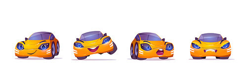 Cute yellow car character in different poses. Vector set of cartoon mascot, funny automobile happy, smiling, angry and surprised. Creative emoji set isolated on white 